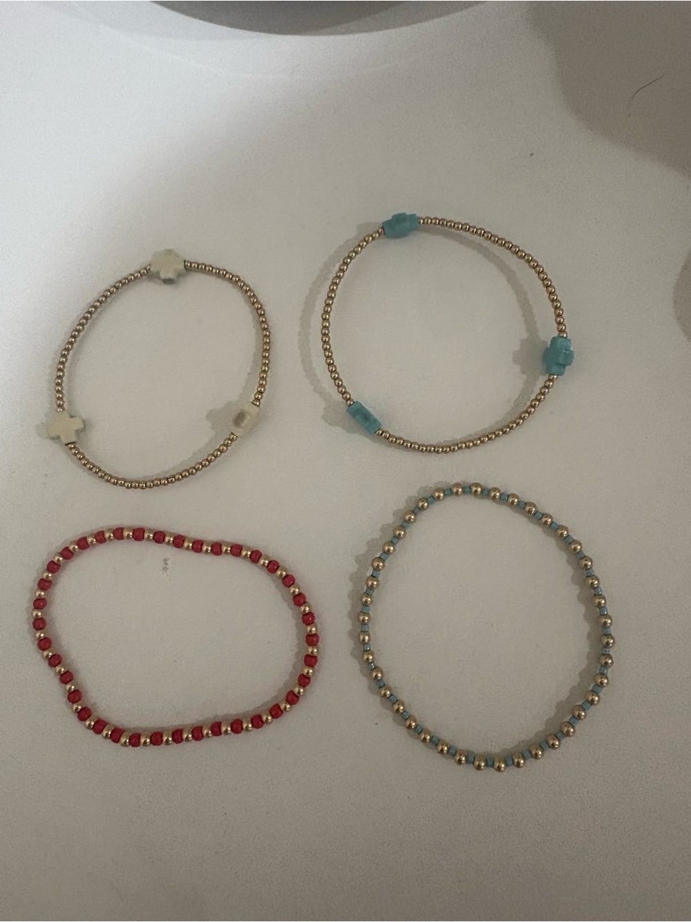 Gold Beaded Stackable Bracelets with Red, Light Blue and Cream Accents - Picture 1 of 1
